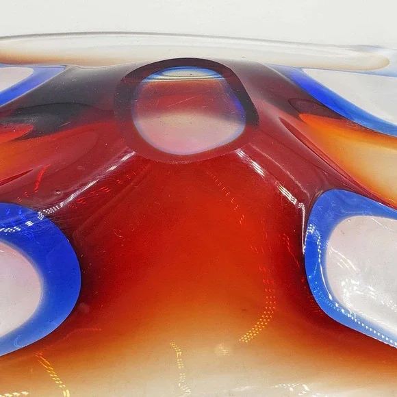 Abstract Blue Red Orange Hand Blown Art Glass Bowl/Candy Dish Polished Pontil - Picture 5 of 5
